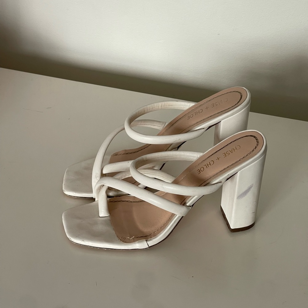 White strappy block heels